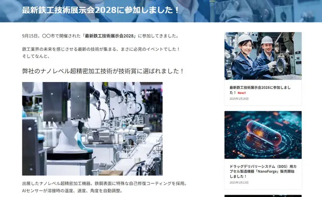 WordPressの投稿機能で作成した鉄工会社の活動報告記事のサンプル